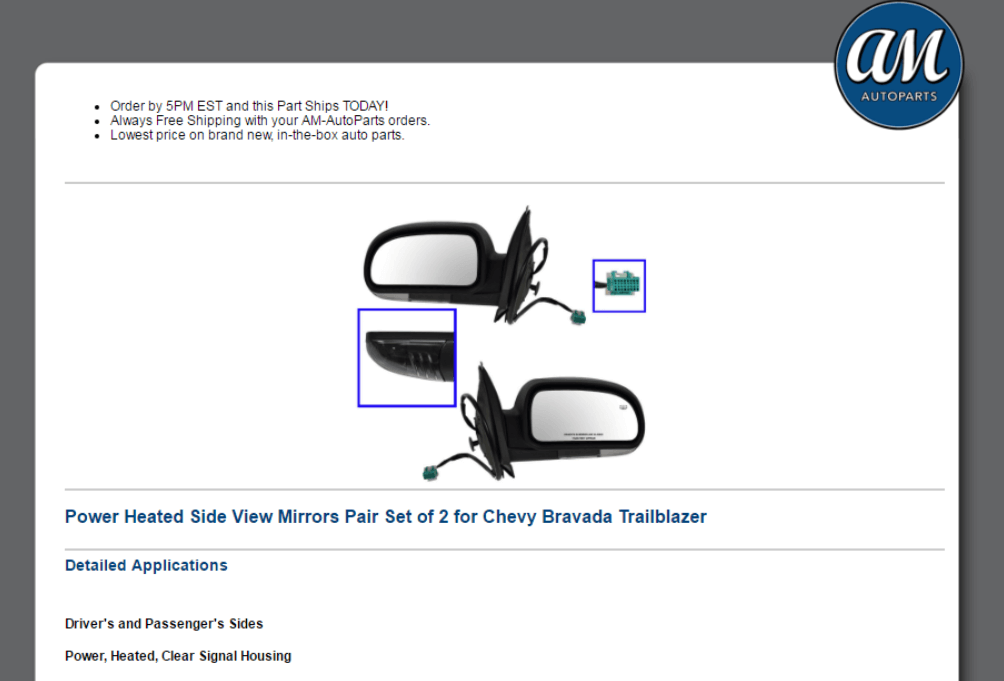 Top ebay seller AM-autoparts place their product's image at the top of the listing (above the fold) clearly intending for the potential buyer to see this element before reading the rest of the description.