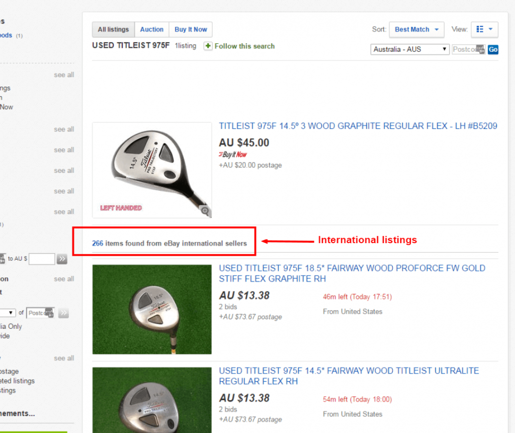 example of ebay search results in ebay australia for international results