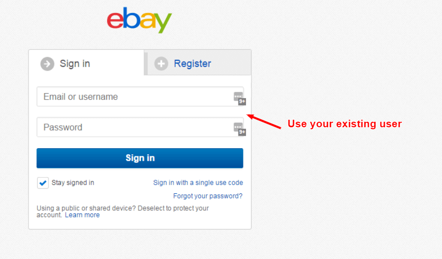 use your existing eBay username and password to login to local eBay sites