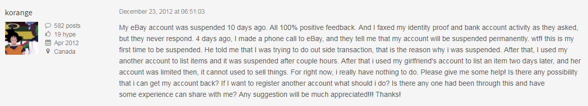 eBay suspended account - seller's story