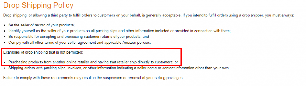 Amazon dropshipping policy