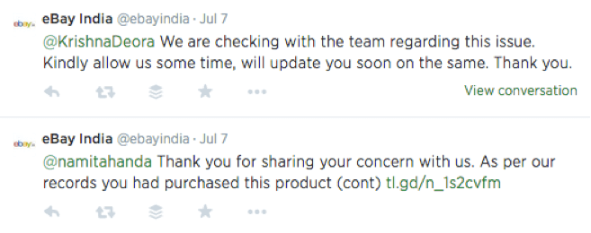eBay India customer service on twitter