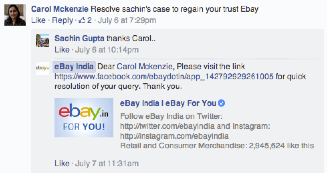 eBay customer service on Facebook example