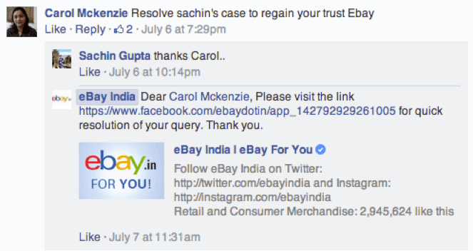 Ejemplo del servicio de atención al cliente de eBay en Facebook