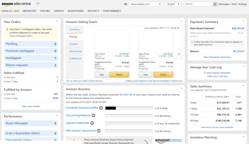 amazon seller central dashboard